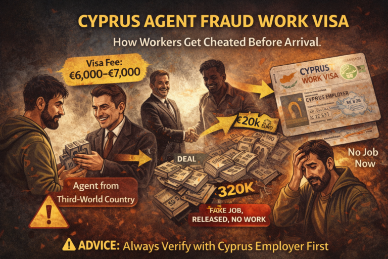 Cyprus agent fraud related to work visas, explaining how workers are cheated through hidden third-party
