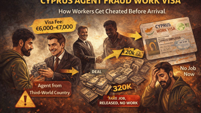 Cyprus agent fraud related to work visas, explaining how workers are cheated through hidden third-party